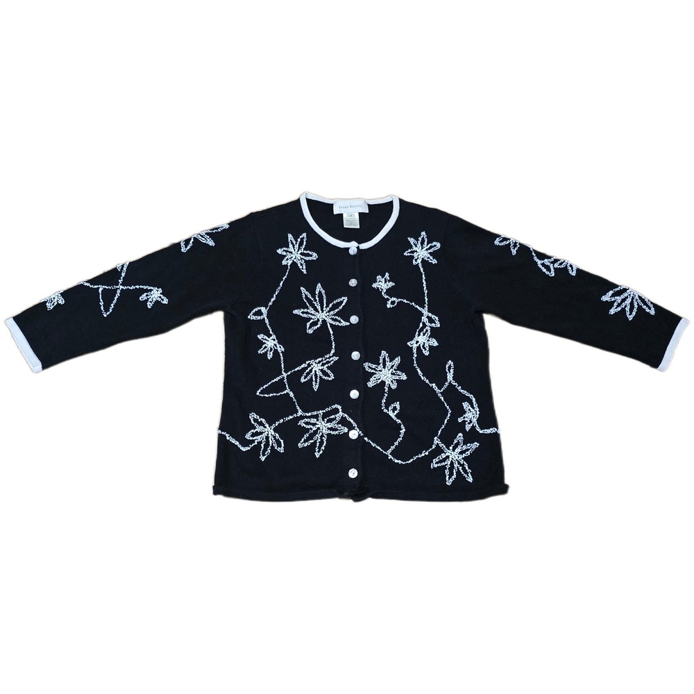 Susan Bristol Black Hand Embroidered Beaded Floral Cardigan Sweater Size‎ M